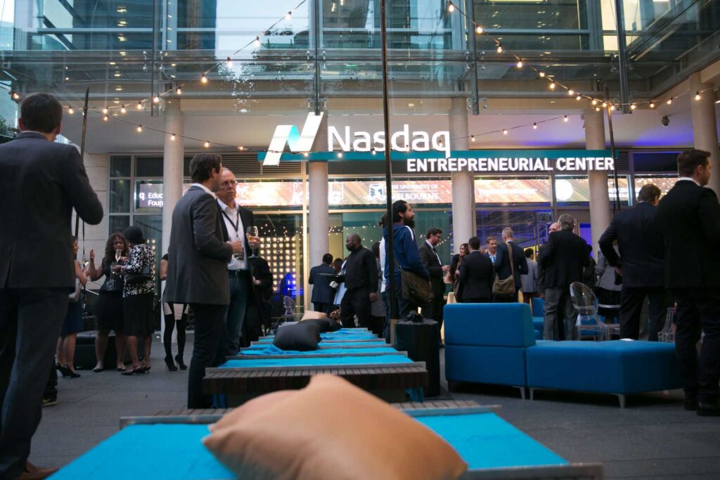 oustide of the Nasdaq Entrepreneurial Center - people at an event