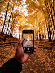 a fall day with leaves on a hiking trail and a man taking a photo with their cell phone